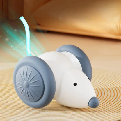 Jouet pour chat en forme de souris interactive avec roues et effet lumineux.