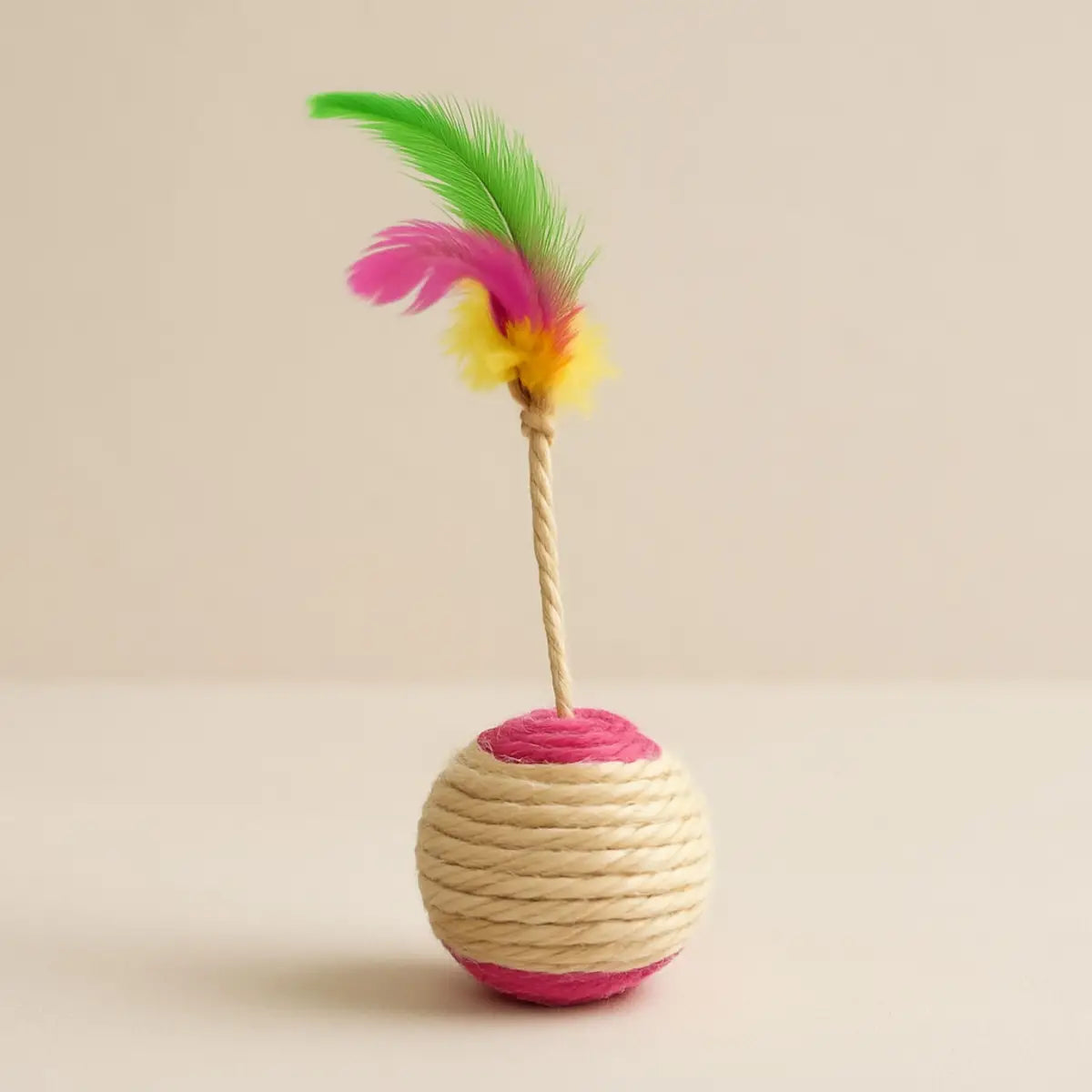 jouet pour chat en forme de sphère avec des plumes colorées - intérieur moderne