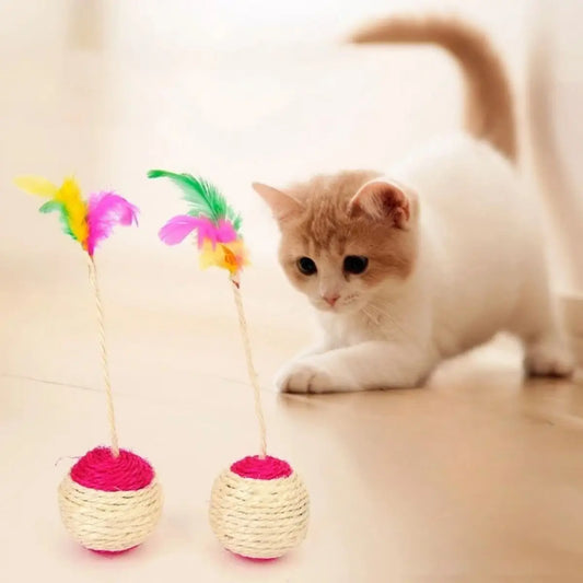 jouet pour chat avec sphère en corde et plumes colorées pour stimuler l'activité - fond neutre