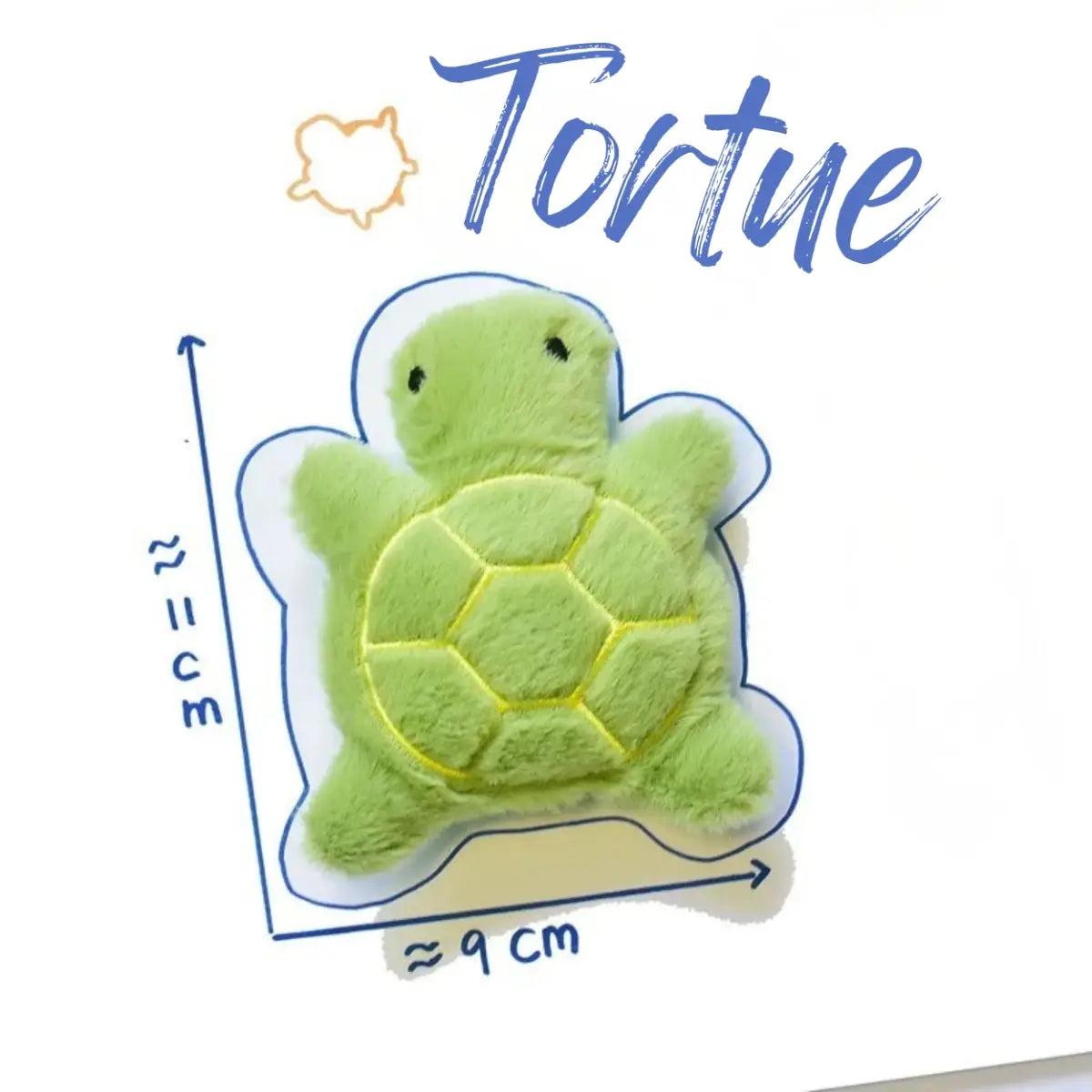 Jouet pour chat en forme de tortue verte en peluche, dimensions 11x9 cm.