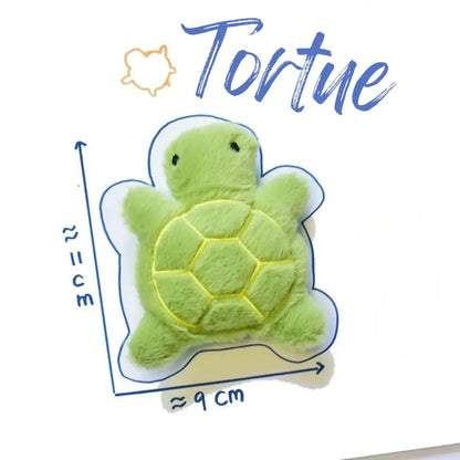 Jouet pour chat en forme de tortue verte en peluche, dimensions 11x9 cm.