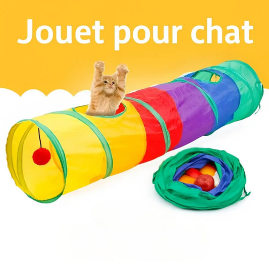 Jouet pour chat, tunnel arc-en-ciel pliable avec balle suspendue.