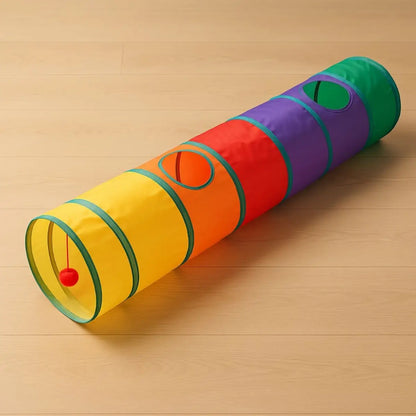 Jouet pour chat coloré, tunnel pliable arc-en-ciel avec ouvertures.
