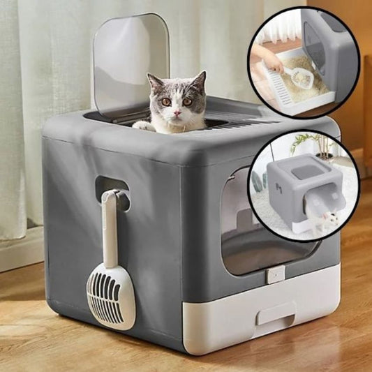 Maison de toilette pour chat avec entrée supérieure et visuels d’utilisation
