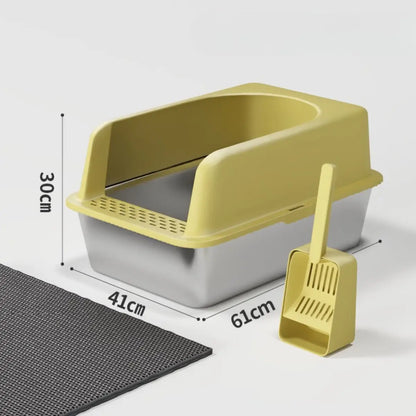 litiere chat en inox avec couvercle jaune et pelle incluse, dimensions 61x41x30 cm - intérieur moderne