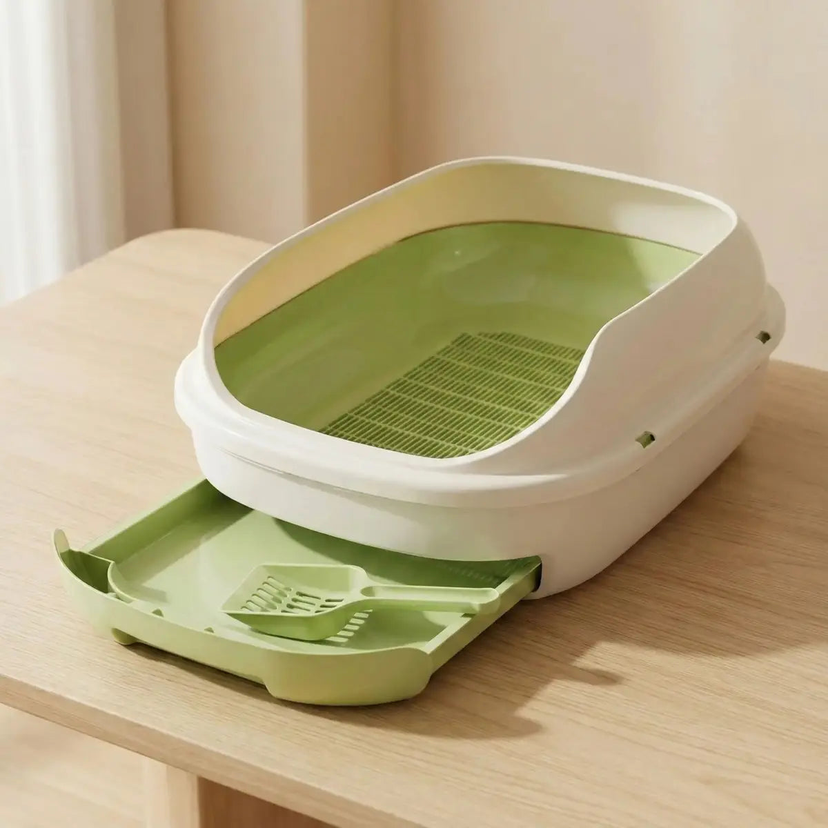 litiere chat avec tiroir pratique et design vert clair pour un nettoyage facile
