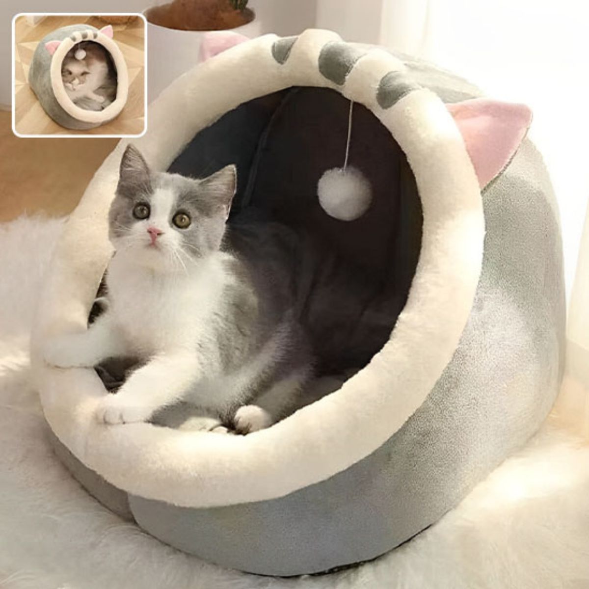 Niche pour chat cocon grise pour chat avec jouet suspendu, stimule l’instinct joueur du félin