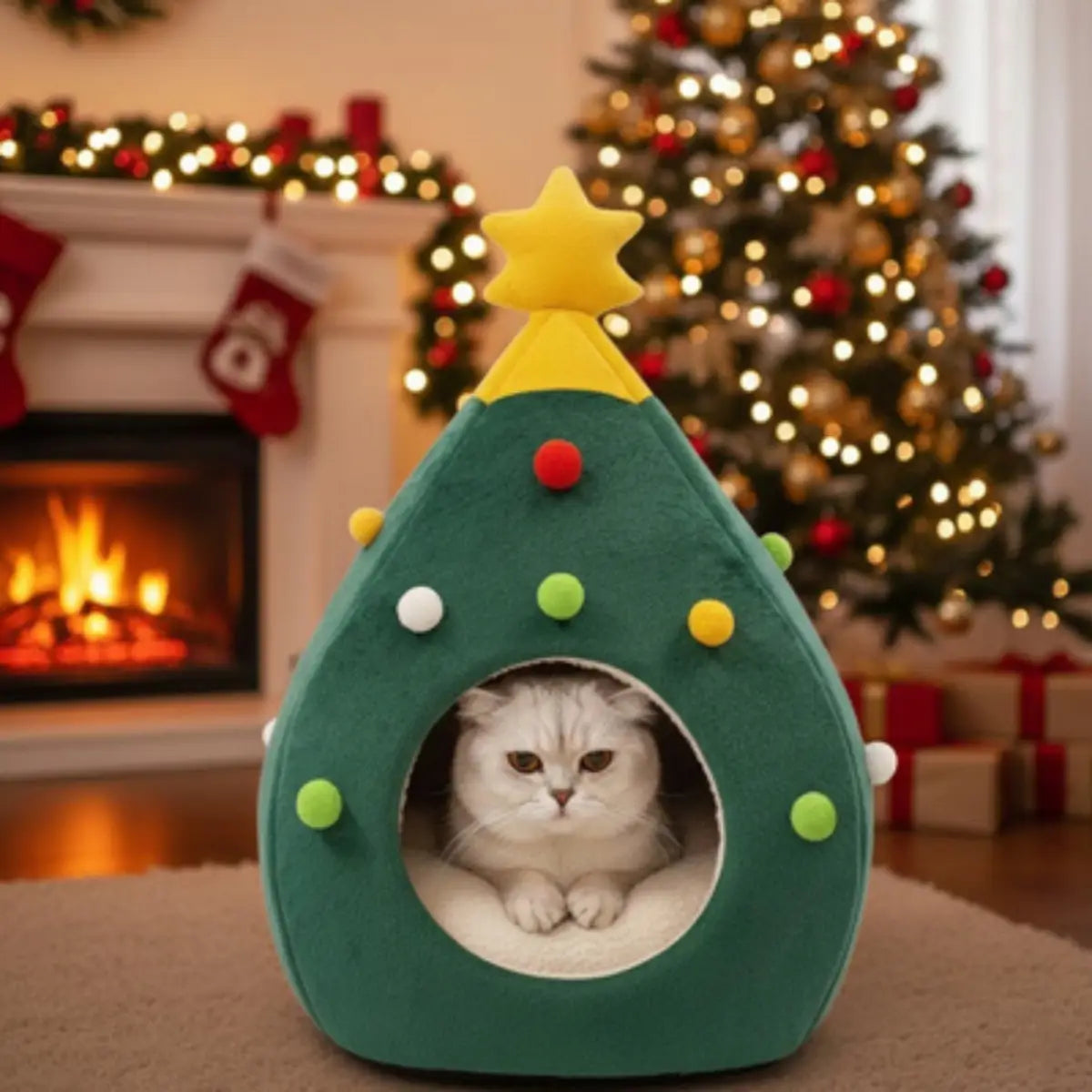 niche pour chat en forme de sapin avec décorations, idéale pour Noël - fond neutre