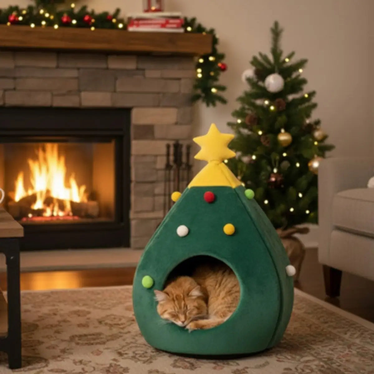 niche pour chat en forme de sapin avec un chat endormi, design cosy pour Noël