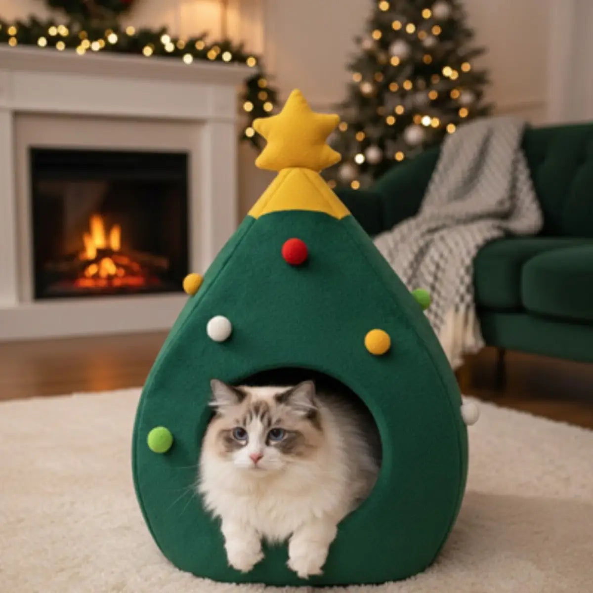 niche pour chat en forme de sapin de Noël avec décorations colorées