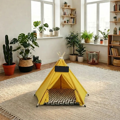 niche pour chat en forme de tipi jaune, idéale pour la décoration intérieure - ambiance cosy