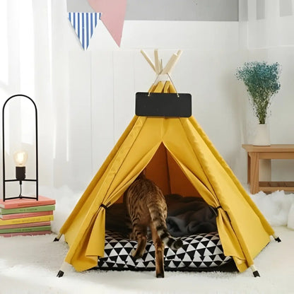niche pour chat en forme de tipi jaune avec coussin confortable - vue latérale