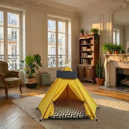 niche pour chat en forme de tipi jaune pour une décoration intérieure élégante