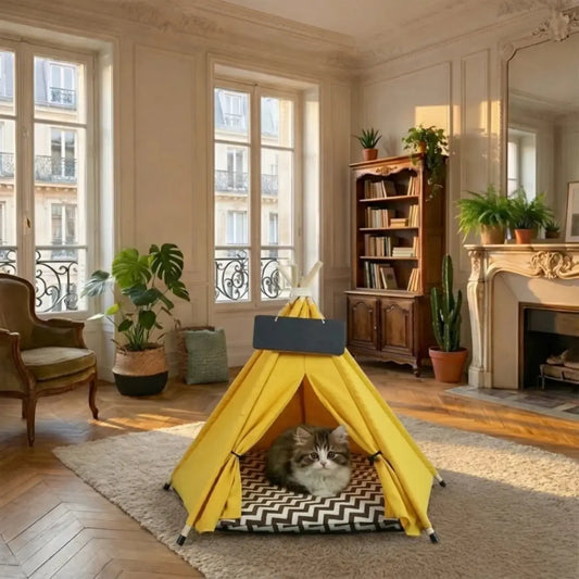 niche pour chat en forme de tipi jaune, idéale pour une décoration élégante - vue de dessus