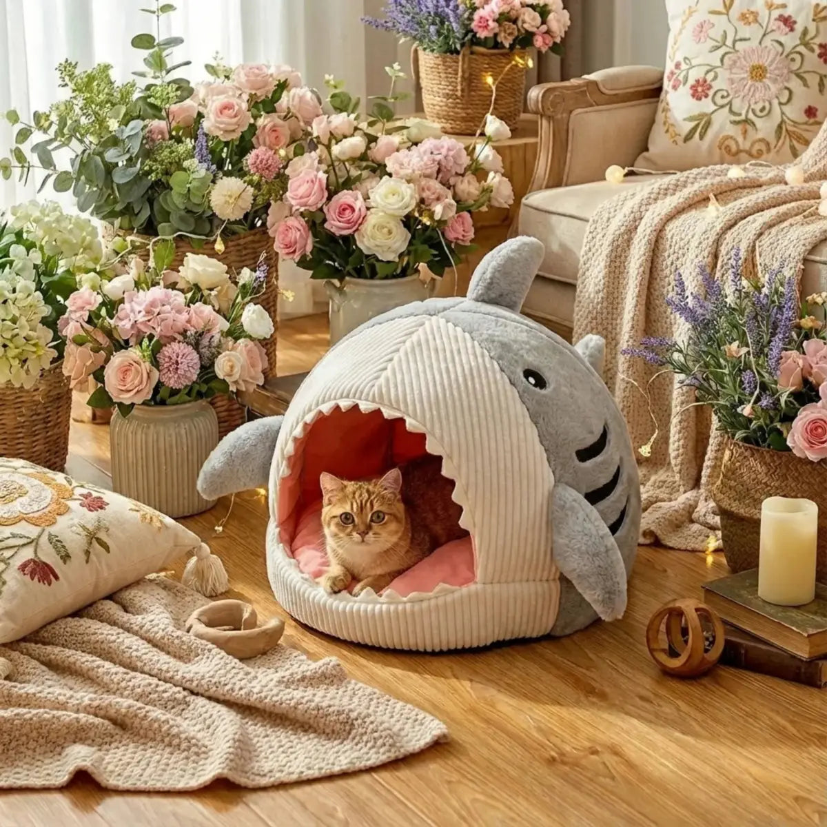panier pour chat en forme de requin gris avec un intérieur confortable dans un salon décoré