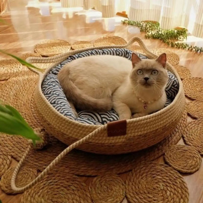 Panier pour chat en corde naturelle avec coussin confortable et design élégant. - fond neutre