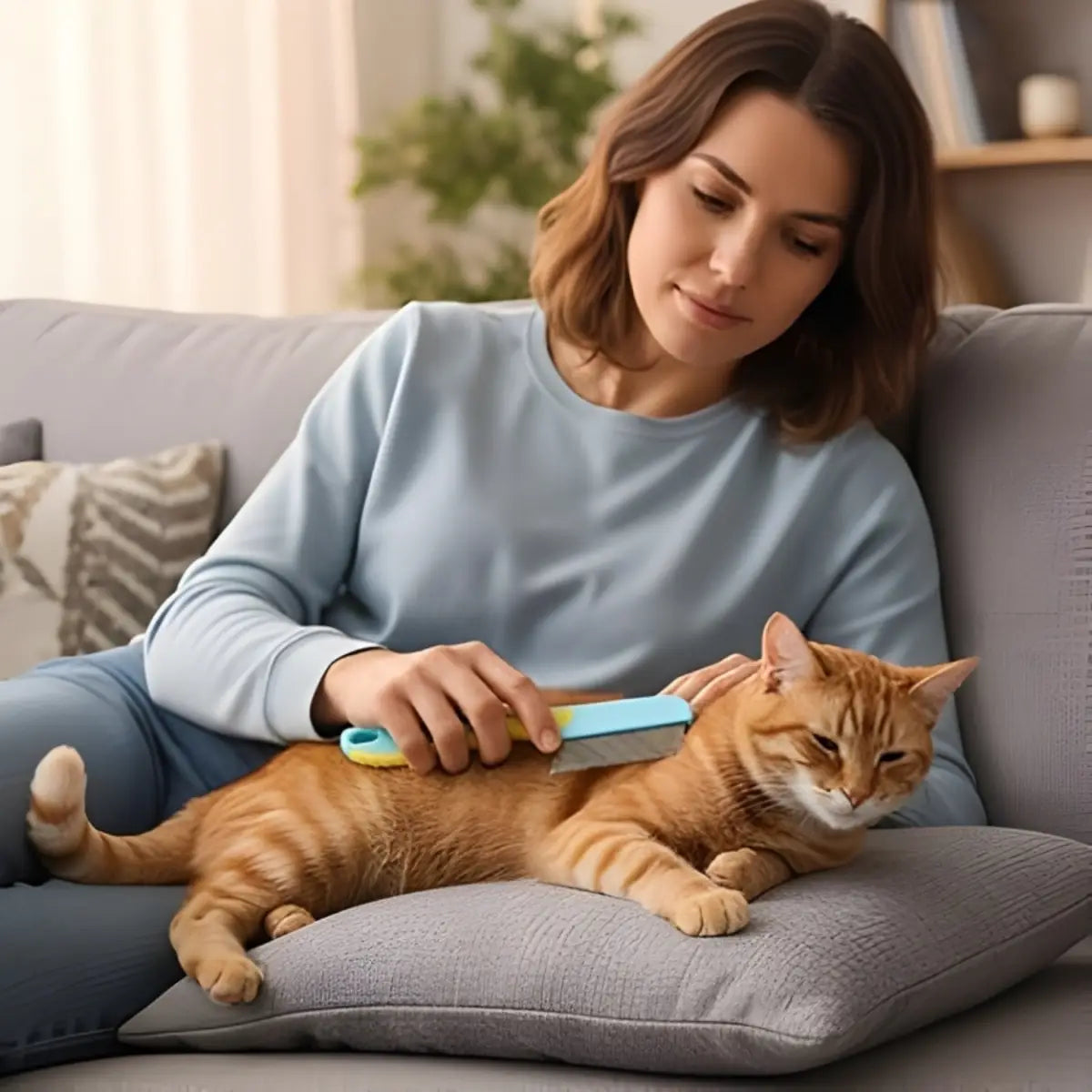 peigne a puce chat utilisé pour brosser un chat roux confortablement installé sur un canapé