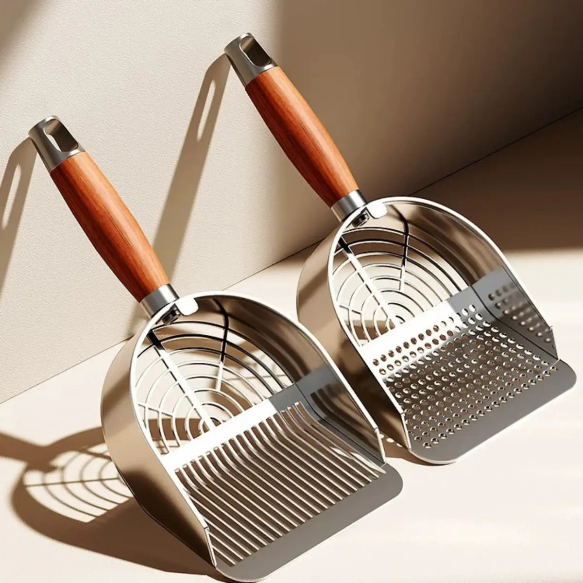 pelle a litiere pour chat en acier avec poignée en bois pour un nettoyage élégant - ambiance cosy