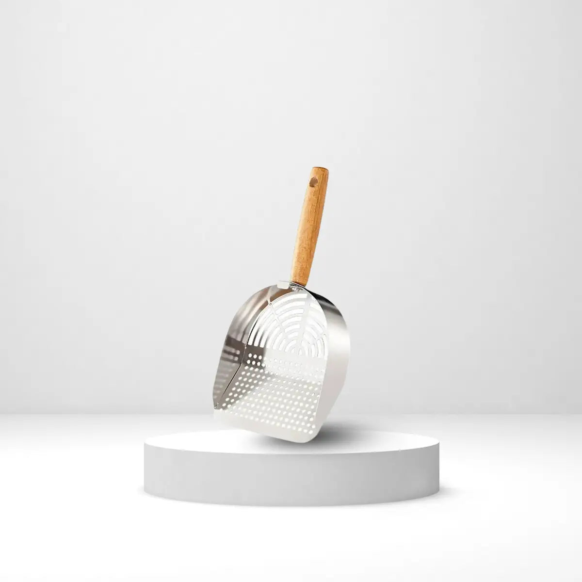 pelle a litiere pour chat en acier avec manche en bois, design élégant et robuste