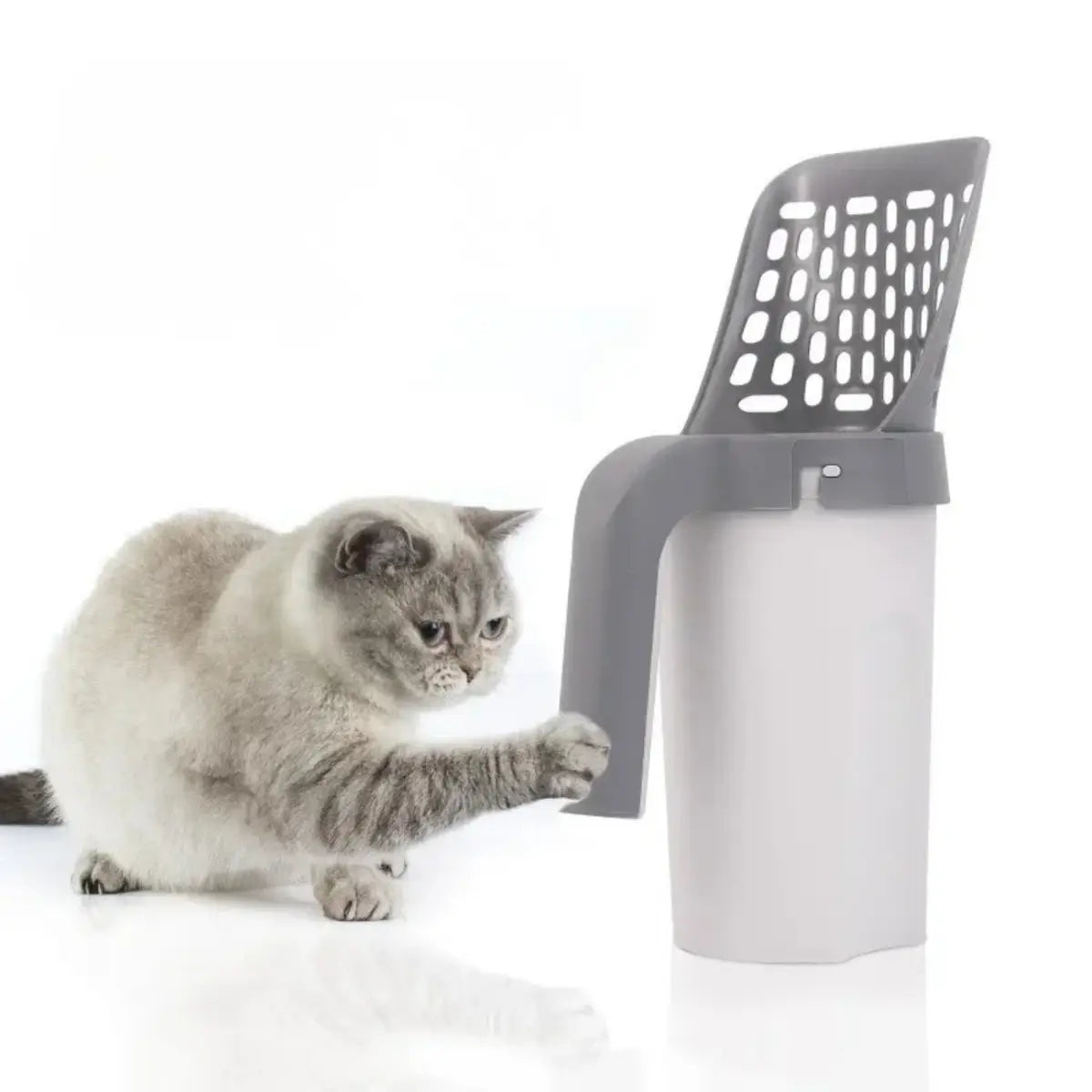 pelle a litiere pour chat avec conteneur pratique et chat curieux