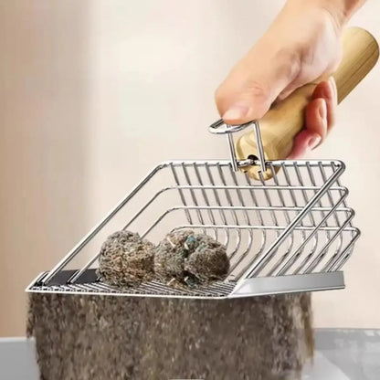 pelle a litiere pour chat en inox avec manche en bois, idéale pour un nettoyage efficace