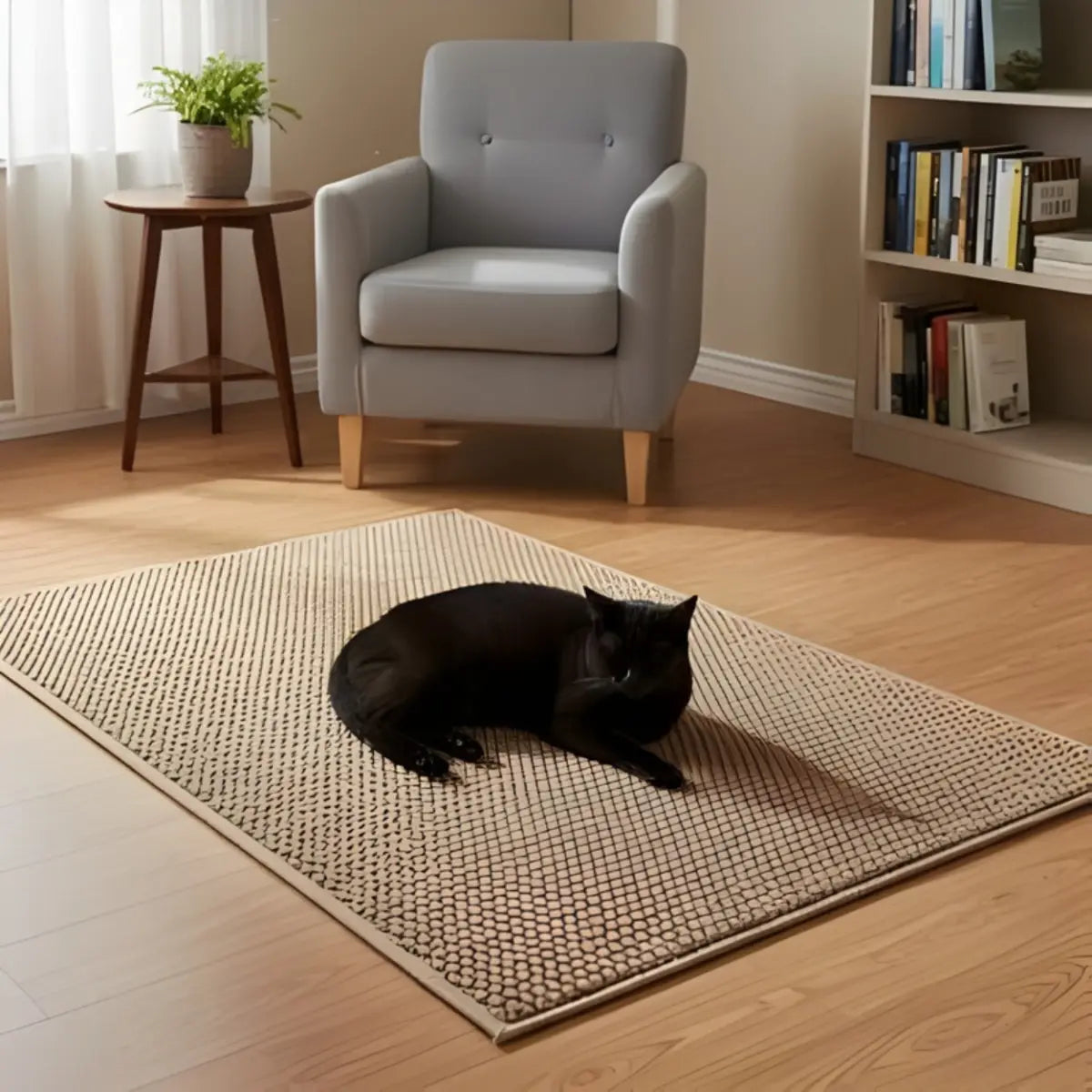 Tapis griffoir chat design confortable avec un chat noir allongé dessus dans un salon moderne.