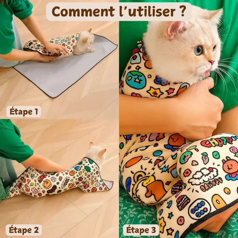 chat gris immobilisé avec Cocooni pendant un toilettage chat coupe des griffes